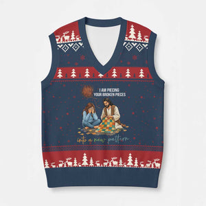 I Am Piecing Your Broken Pieces Christian Healing V-Neck Knit Sweater Vest Jesus Comfort Faith Restoration Inspirational Gift TS02 Navy Red Print Your Wear