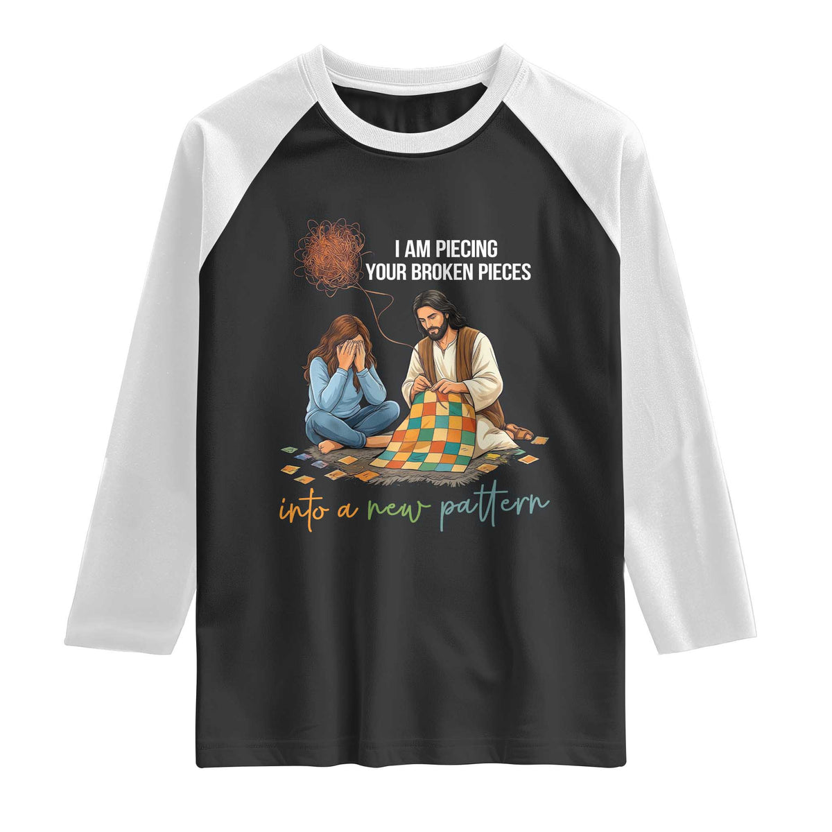 I Am Piecing Your Broken Pieces Christian Healing Raglan Shirt Jesus Comfort Faith Restoration Inspirational Gift TS02 Black White Print Your Wear