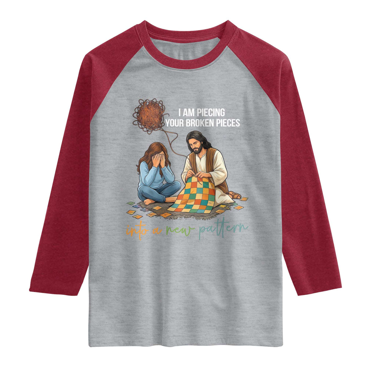 I Am Piecing Your Broken Pieces Christian Healing Raglan Shirt Jesus Comfort Faith Restoration Inspirational Gift TS02 Heather Gray Heather Red Print Your Wear