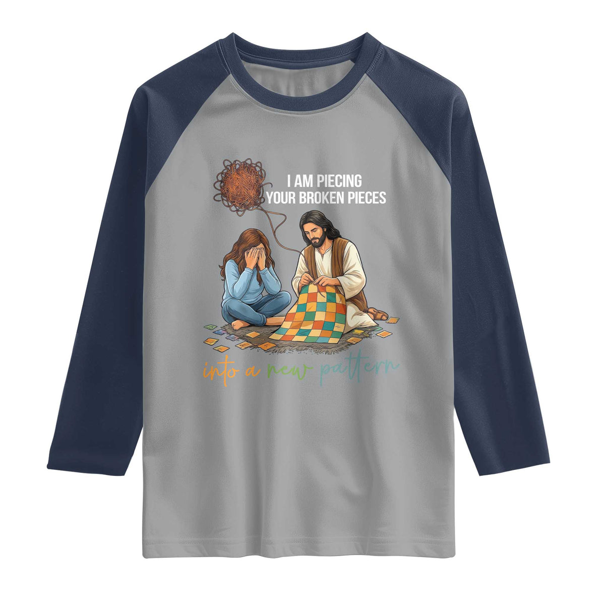 I Am Piecing Your Broken Pieces Christian Healing Raglan Shirt Jesus Comfort Faith Restoration Inspirational Gift TS02 Sport Gray Navy Print Your Wear
