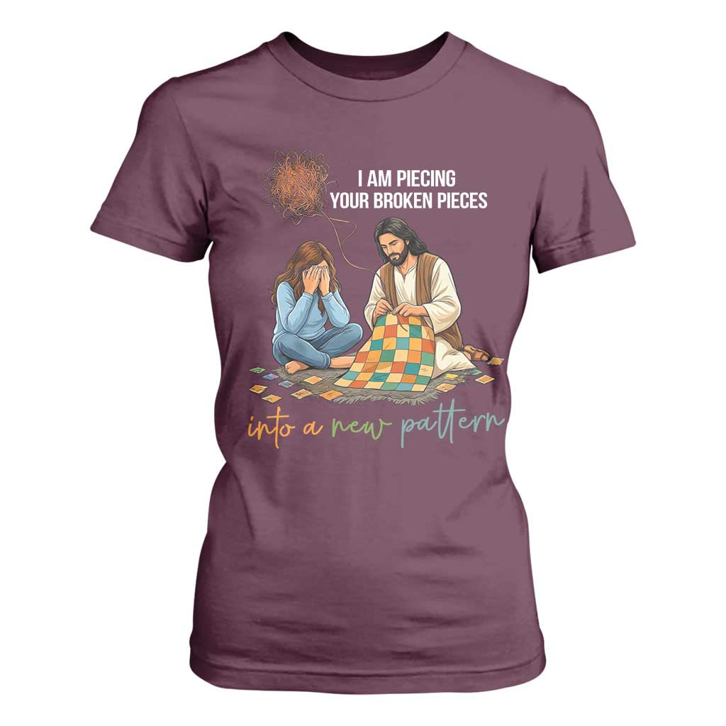 I Am Piecing Your Broken Pieces Christian Healing T Shirt For Women Jesus Comfort Faith Restoration Inspirational Gift TS02 Maroon Print Your Wear