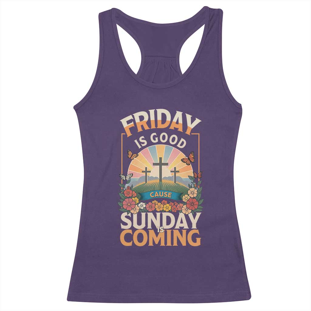 Friday Is Good Cause Sunday Is Coming Christian Easter Racerback Tank Top Cross Sunrise Floral Faith Inspirational Gift TS02 Purple Print Your Wear