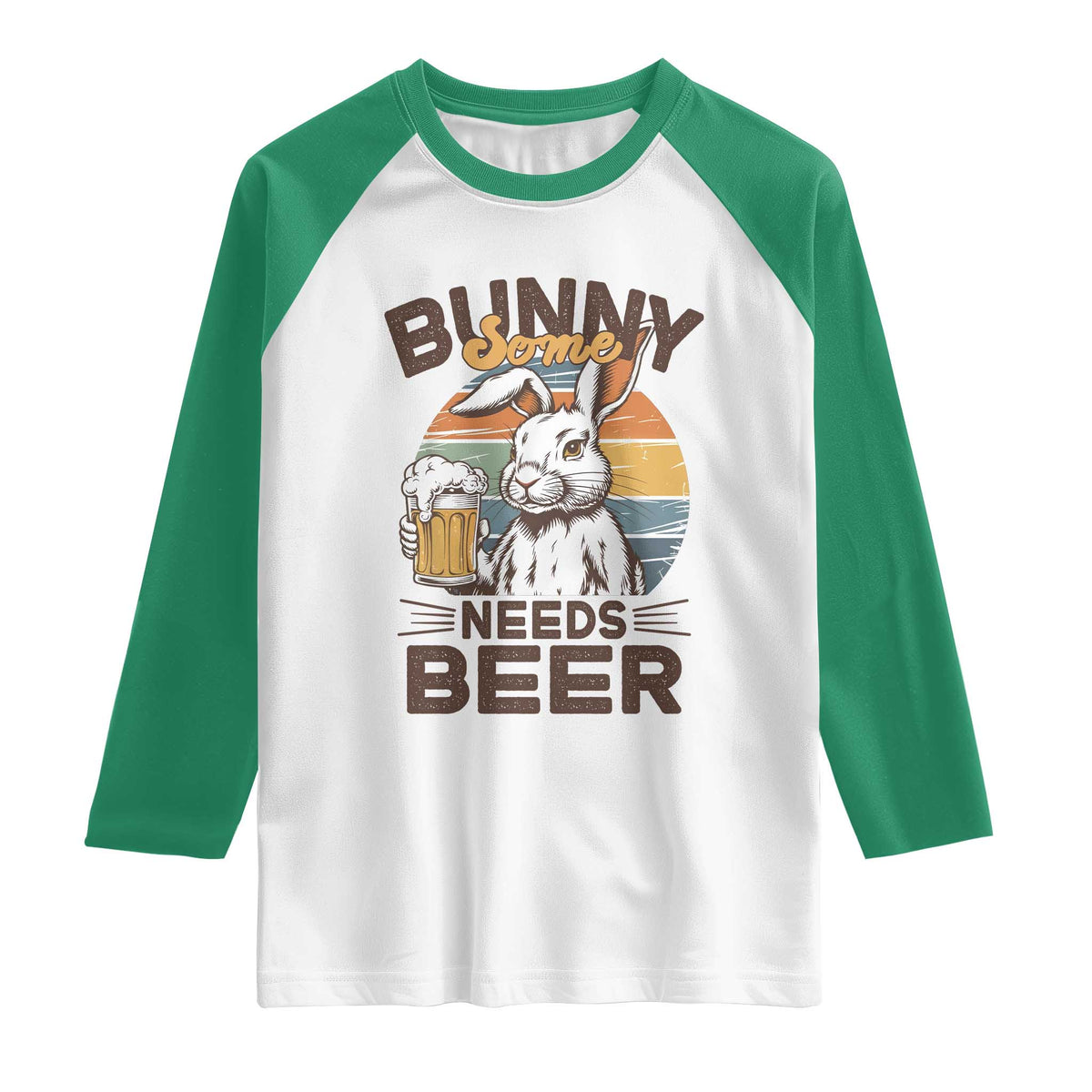 Some Bunny Needs Beer Funny Easter Drinking Humor Raglan Shirt Retro Rabbit Beer Lover Gift TS02 White Kelly Green Print Your Wear
