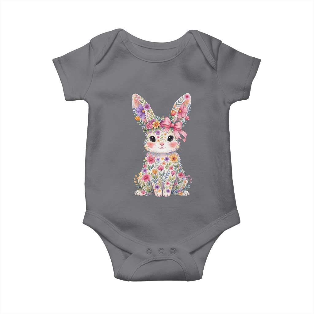 Cute Floral Easter Bunny Graphic Baby Onesie Adorable Spring Rabbit with Flowers Pastel Aesthetic Gift TS02 Charcoal Print Your Wear