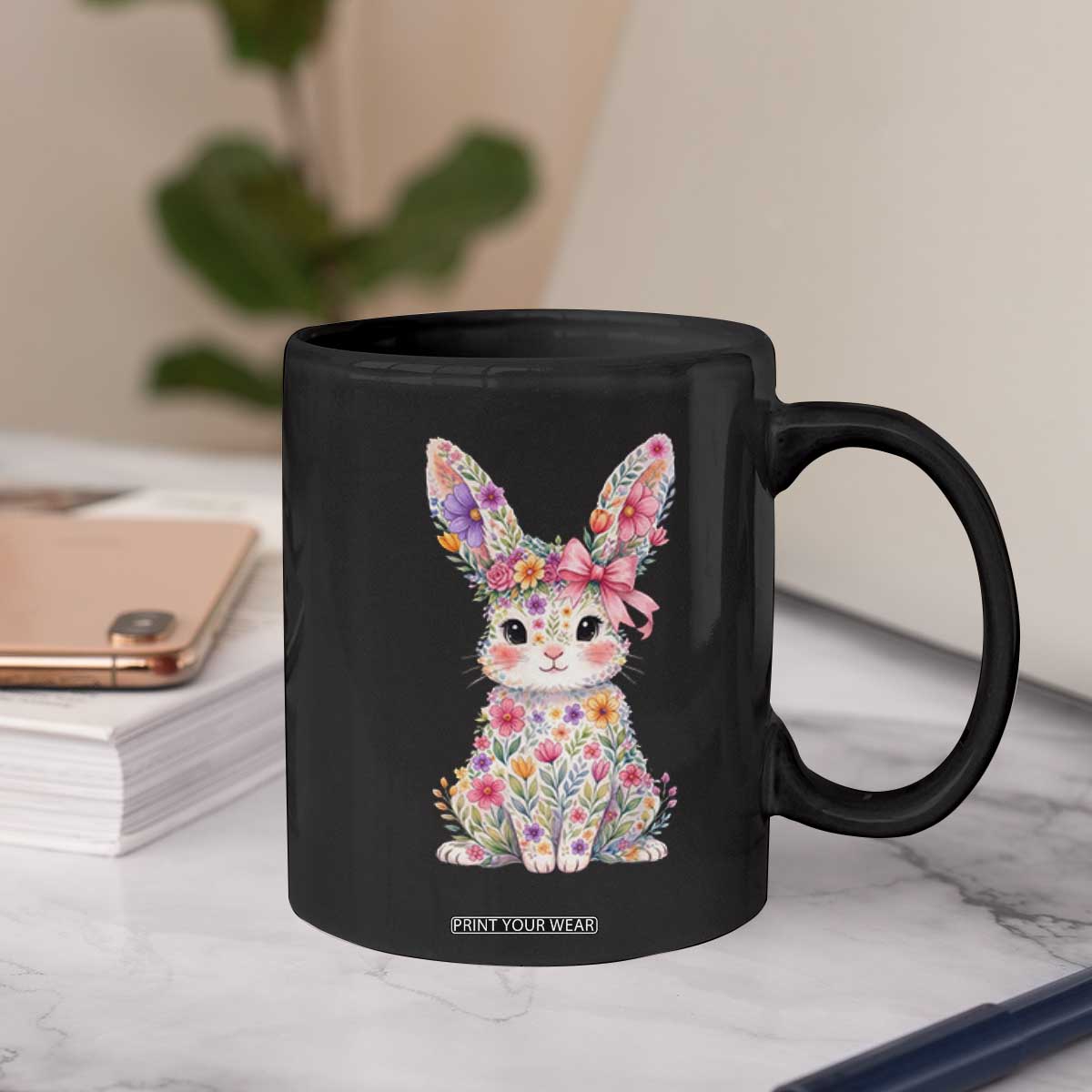 Cute Floral Easter Bunny Graphic Coffee Mug Adorable Spring Rabbit with Flowers Pastel Aesthetic Gift TS02 Print Your Wear