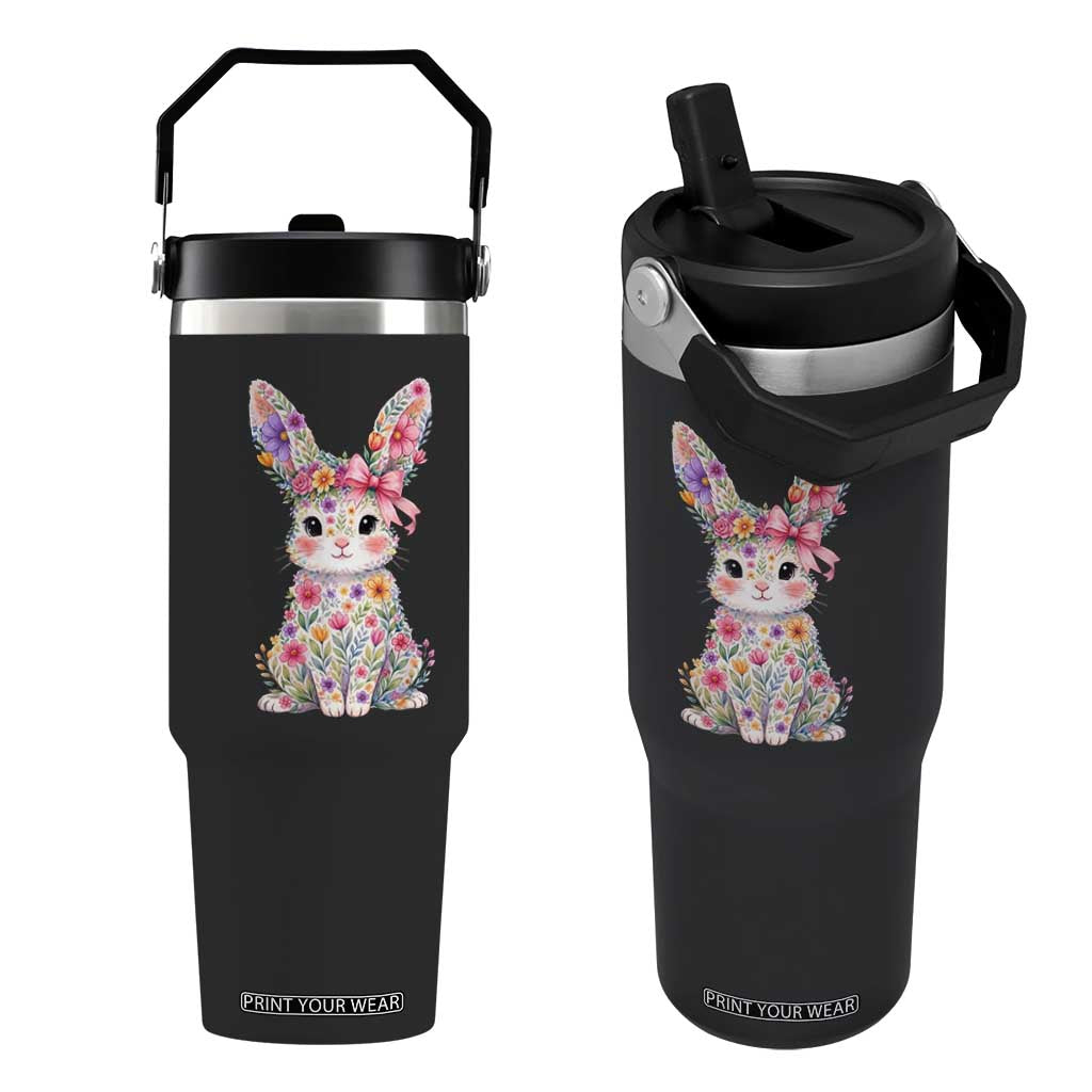 Cute Floral Easter Bunny Graphic Flip Straw Tumbler Adorable Spring Rabbit with Flowers Pastel Aesthetic Gift TS02 One Size: 30 oz Black Print Your Wear