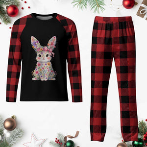 Cute Floral Easter Bunny Graphic Plaid Pajama Set Adorable Spring Rabbit with Flowers Pastel Aesthetic Gift TS02 Buffalo Plaid Print Your Wear