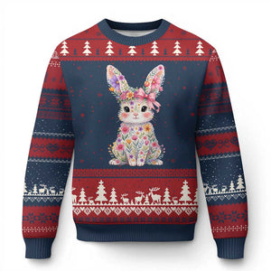 Cute Floral Easter Bunny Graphic Ugly Christmas Sweater Adorable Spring Rabbit with Flowers Pastel Aesthetic Gift TS02 Navy Red Print Your Wear