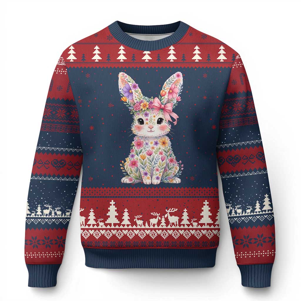 Cute Floral Easter Bunny Graphic Ugly Christmas Sweater Adorable Spring Rabbit with Flowers Pastel Aesthetic Gift TS02 Navy Red Print Your Wear