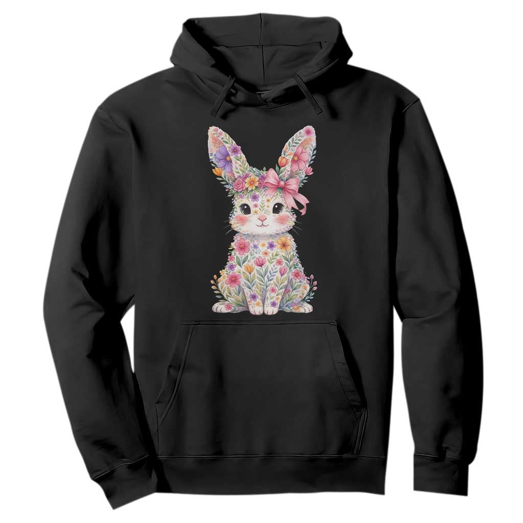 Cute Floral Easter Bunny Graphic Hoodie Adorable Spring Rabbit with Flowers Pastel Aesthetic Gift TS02 Black Print Your Wear