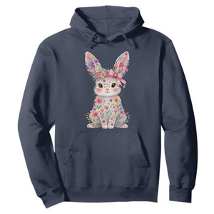 Cute Floral Easter Bunny Graphic Hoodie Adorable Spring Rabbit with Flowers Pastel Aesthetic Gift TS02 Navy Print Your Wear