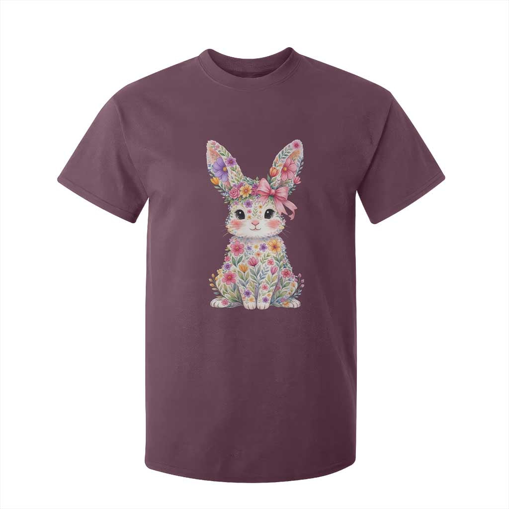 Cute Floral Easter Bunny Graphic T Shirt For Kid Adorable Spring Rabbit with Flowers Pastel Aesthetic Gift TS02 Maroon Print Your Wear