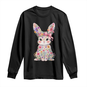 Cute Floral Easter Bunny Graphic Long Sleeve Shirt Adorable Spring Rabbit with Flowers Pastel Aesthetic Gift TS02 Black Print Your Wear