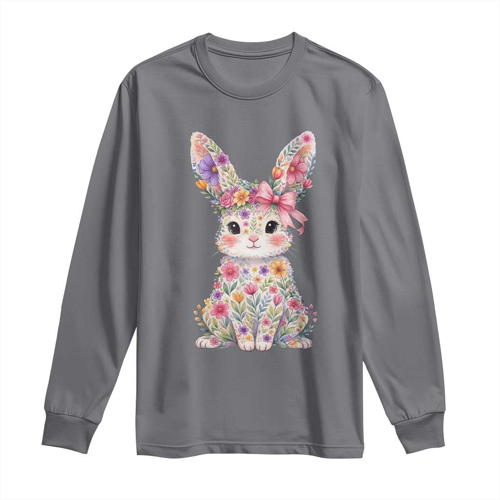Cute Floral Easter Bunny Graphic Long Sleeve Shirt Adorable Spring Rabbit with Flowers Pastel Aesthetic Gift TS02 Charcoal Print Your Wear
