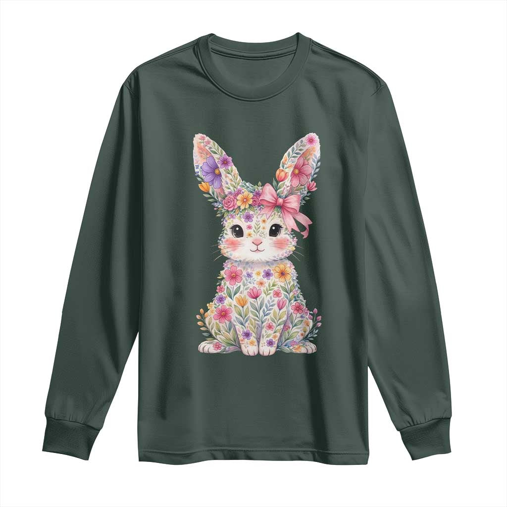 Cute Floral Easter Bunny Graphic Long Sleeve Shirt Adorable Spring Rabbit with Flowers Pastel Aesthetic Gift TS02 Dark Forest Green Print Your Wear