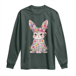 Cute Floral Easter Bunny Graphic Long Sleeve Shirt Adorable Spring Rabbit with Flowers Pastel Aesthetic Gift TS02 Dark Forest Green Print Your Wear