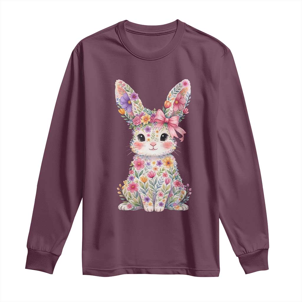 Cute Floral Easter Bunny Graphic Long Sleeve Shirt Adorable Spring Rabbit with Flowers Pastel Aesthetic Gift TS02 Maroon Print Your Wear
