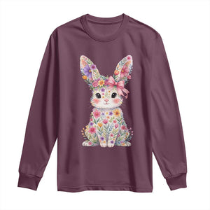 Cute Floral Easter Bunny Graphic Long Sleeve Shirt Adorable Spring Rabbit with Flowers Pastel Aesthetic Gift TS02 Maroon Print Your Wear