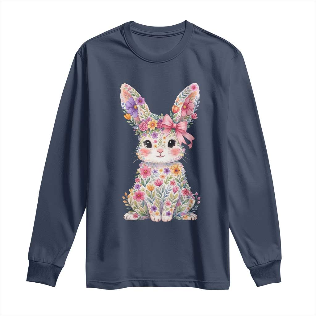 Cute Floral Easter Bunny Graphic Long Sleeve Shirt Adorable Spring Rabbit with Flowers Pastel Aesthetic Gift TS02 Navy Print Your Wear
