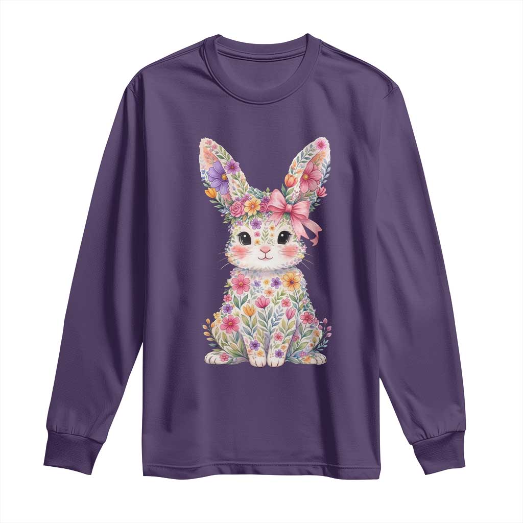 Cute Floral Easter Bunny Graphic Long Sleeve Shirt Adorable Spring Rabbit with Flowers Pastel Aesthetic Gift TS02 Purple Print Your Wear