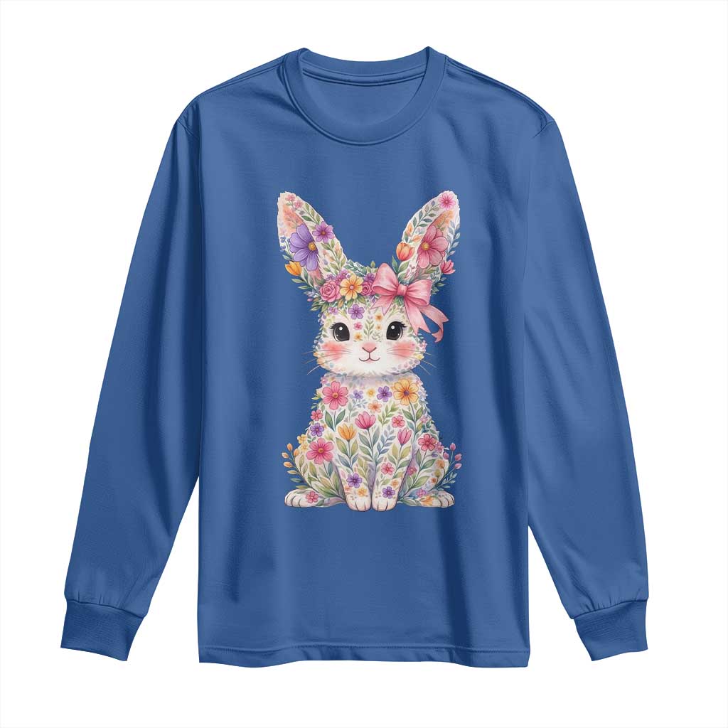 Cute Floral Easter Bunny Graphic Long Sleeve Shirt Adorable Spring Rabbit with Flowers Pastel Aesthetic Gift TS02 Royal Blue Print Your Wear