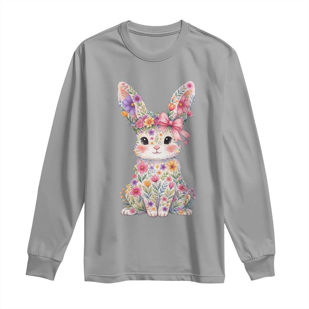 Cute Floral Easter Bunny Graphic Long Sleeve Shirt Adorable Spring Rabbit with Flowers Pastel Aesthetic Gift TS02 Sport Gray Print Your Wear