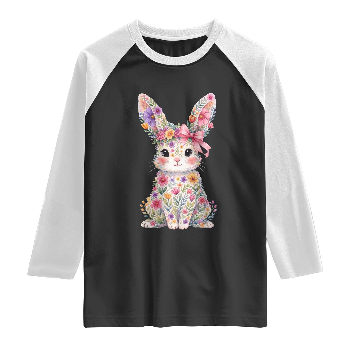 Cute Floral Easter Bunny Graphic Raglan Shirt Adorable Spring Rabbit with Flowers Pastel Aesthetic Gift TS02 Black White Print Your Wear
