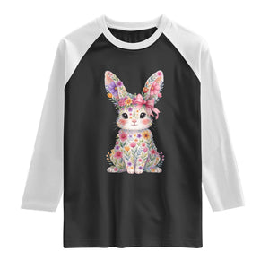 Cute Floral Easter Bunny Graphic Raglan Shirt Adorable Spring Rabbit with Flowers Pastel Aesthetic Gift TS02 Black White Print Your Wear