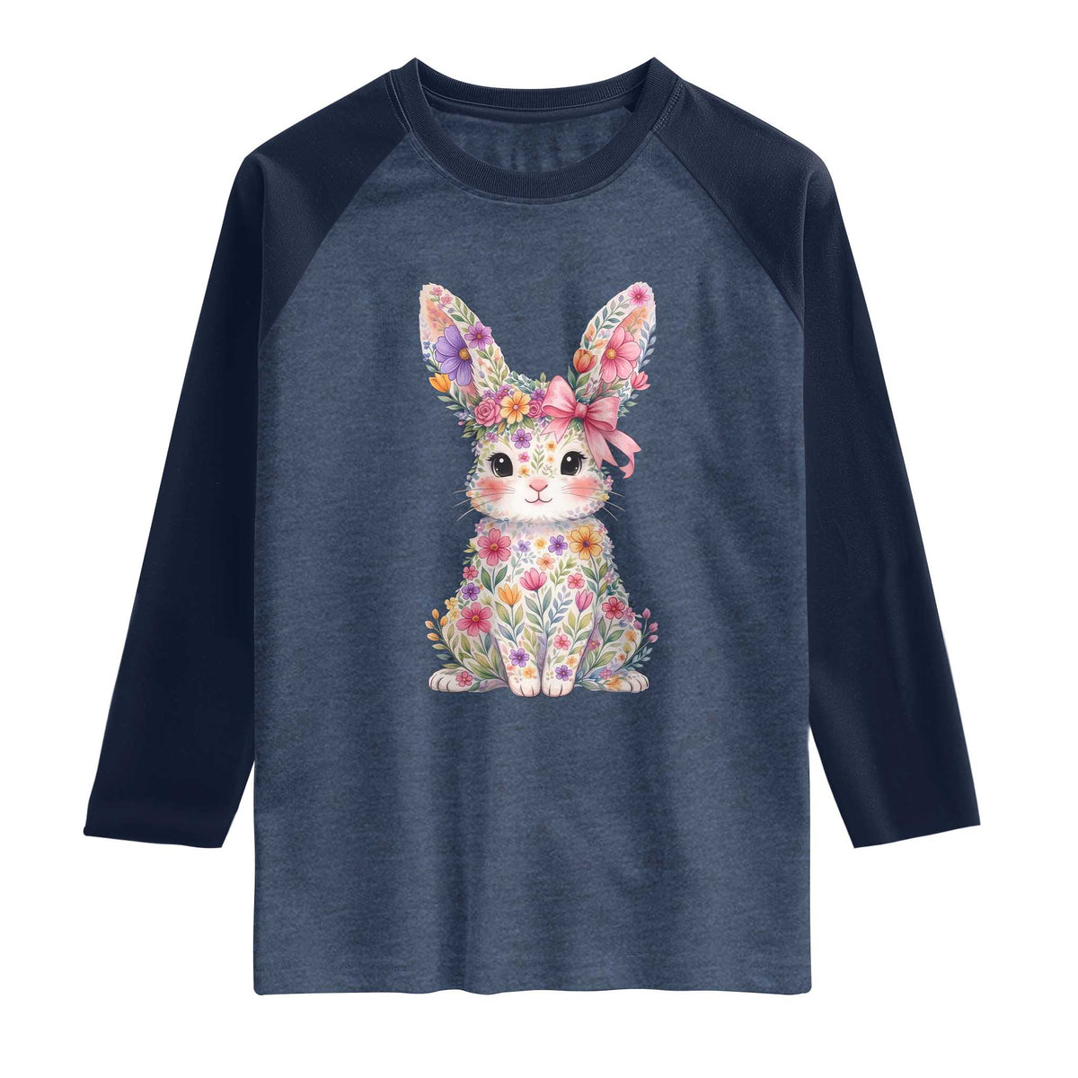 Cute Floral Easter Bunny Graphic Raglan Shirt Adorable Spring Rabbit with Flowers Pastel Aesthetic Gift TS02 Heather Denim Navy Print Your Wear