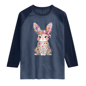 Cute Floral Easter Bunny Graphic Raglan Shirt Adorable Spring Rabbit with Flowers Pastel Aesthetic Gift TS02 Heather Denim Navy Print Your Wear