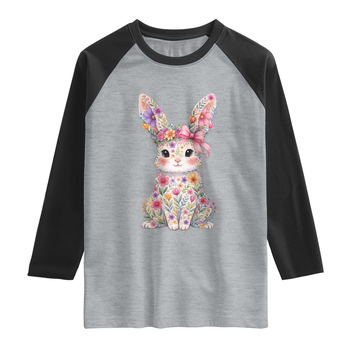 Cute Floral Easter Bunny Graphic Raglan Shirt Adorable Spring Rabbit with Flowers Pastel Aesthetic Gift TS02 Heather Gray Black Print Your Wear