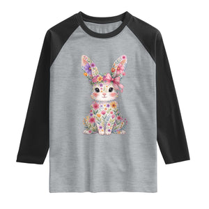 Cute Floral Easter Bunny Graphic Raglan Shirt Adorable Spring Rabbit with Flowers Pastel Aesthetic Gift TS02 Heather Gray Black Print Your Wear