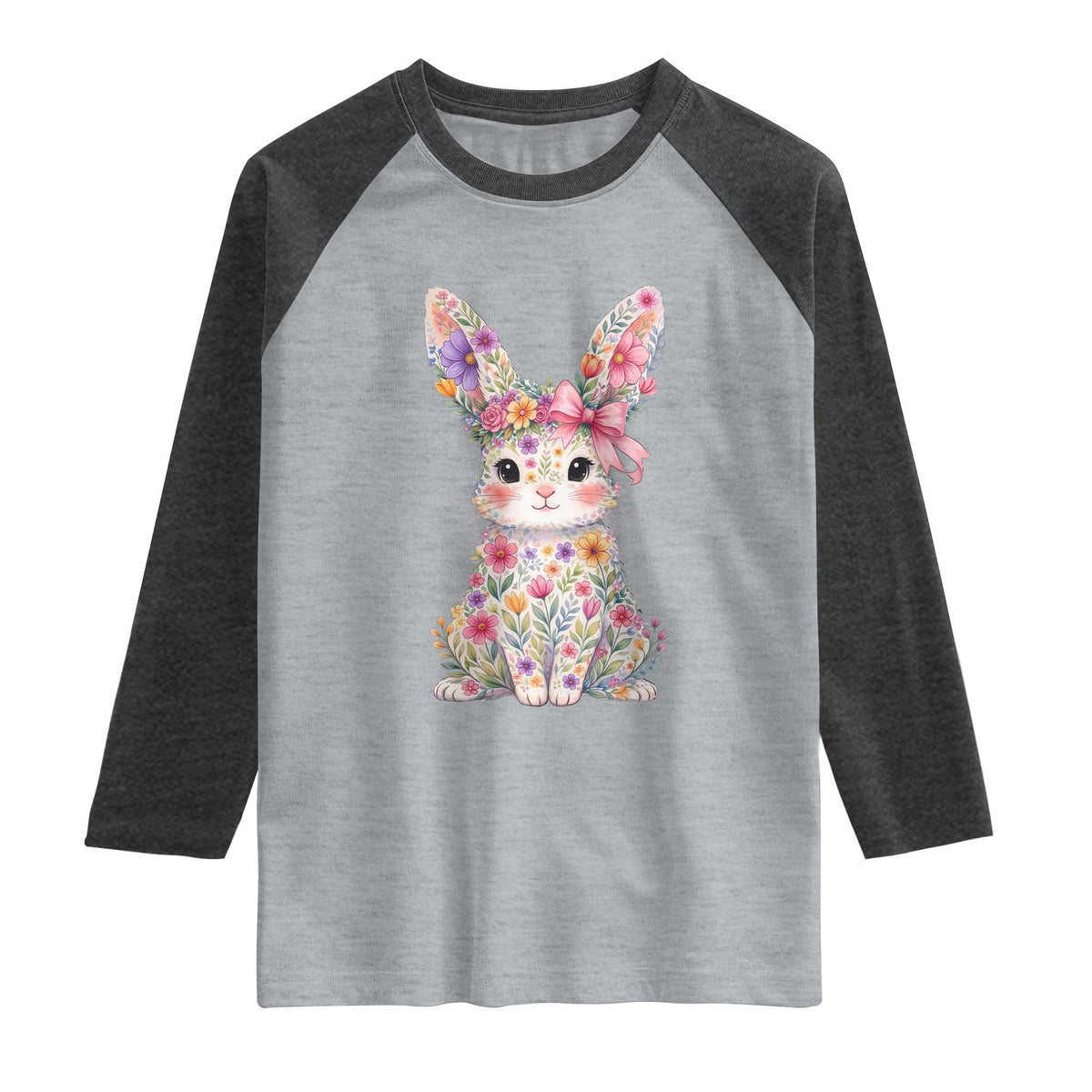 Cute Floral Easter Bunny Graphic Raglan Shirt Adorable Spring Rabbit with Flowers Pastel Aesthetic Gift TS02 Heather Gray Heather Charcoal Print Your Wear