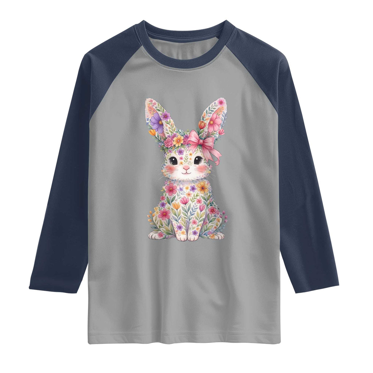 Cute Floral Easter Bunny Graphic Raglan Shirt Adorable Spring Rabbit with Flowers Pastel Aesthetic Gift TS02 Sport Gray Navy Print Your Wear