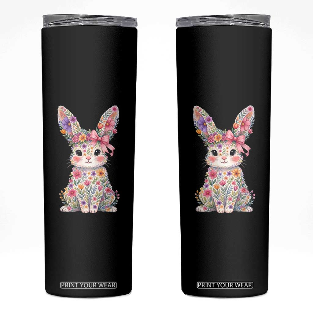 Cute Floral Easter Bunny Graphic Skinny Tumbler Adorable Spring Rabbit with Flowers Pastel Aesthetic Gift TS02 Black Print Your Wear