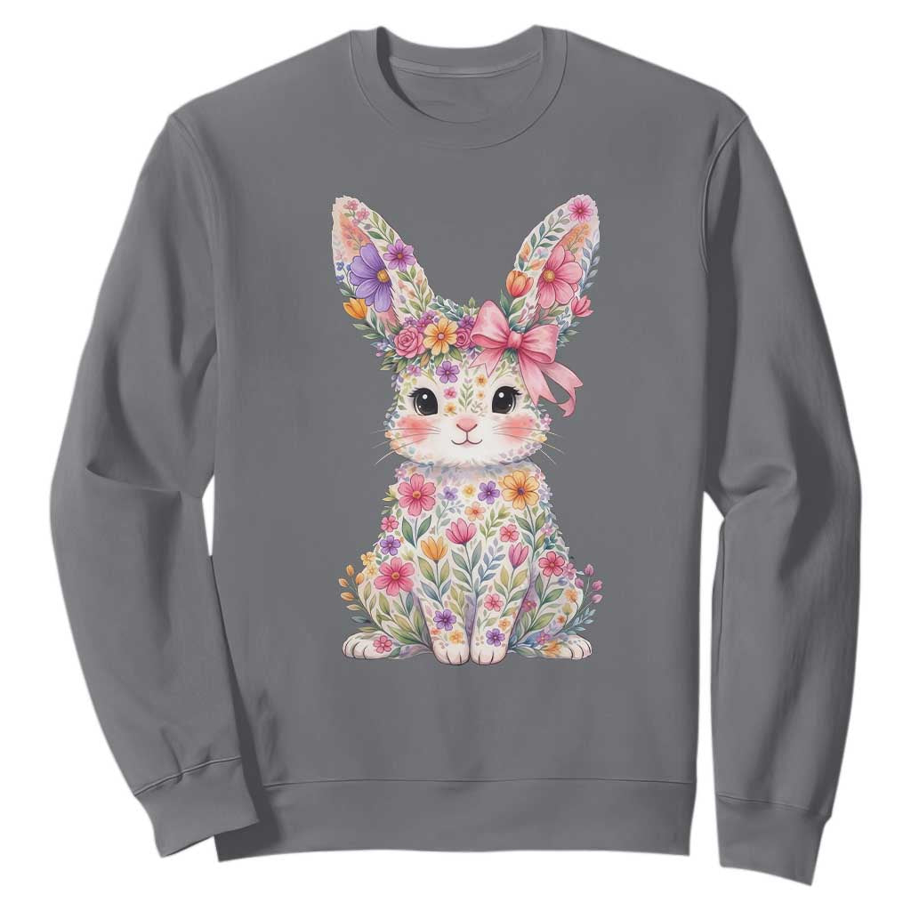 Cute Floral Easter Bunny Graphic Sweatshirt Adorable Spring Rabbit with Flowers Pastel Aesthetic Gift TS02 Charcoal Print Your Wear