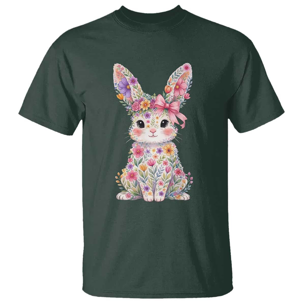 Cute Floral Easter Bunny Graphic T Shirt Adorable Spring Rabbit with Flowers Pastel Aesthetic Gift TS02 Dark Forest Green Print Your Wear