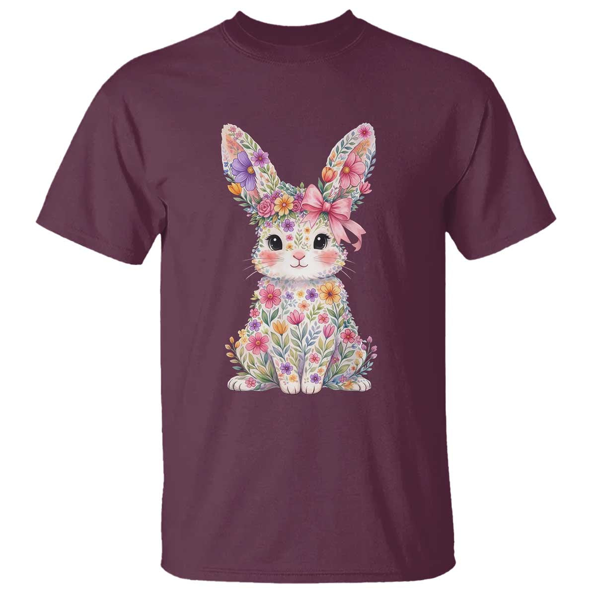 Cute Floral Easter Bunny Graphic T Shirt Adorable Spring Rabbit with Flowers Pastel Aesthetic Gift TS02 Maroon Print Your Wear