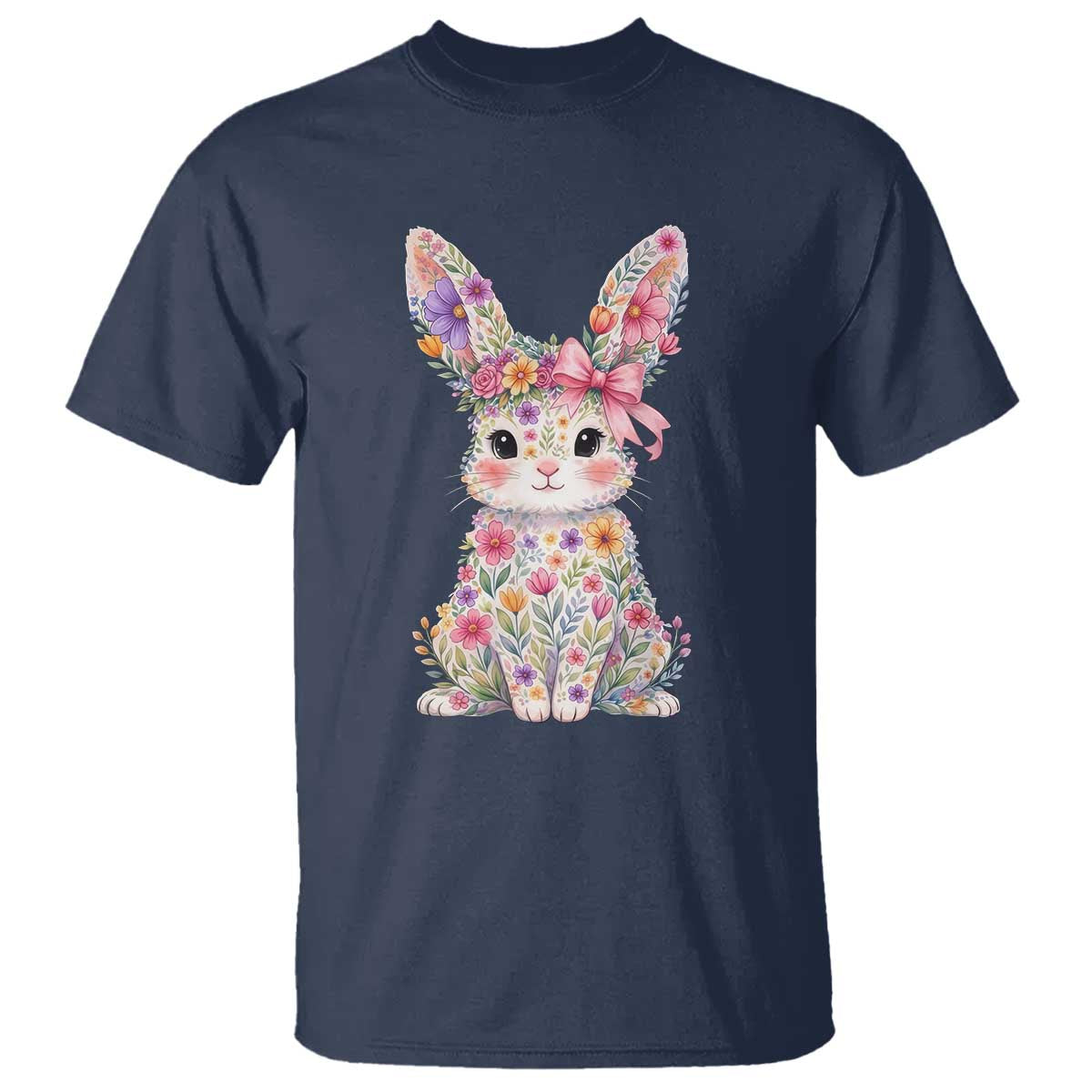Cute Floral Easter Bunny Graphic T Shirt Adorable Spring Rabbit with Flowers Pastel Aesthetic Gift TS02 Navy Print Your Wear