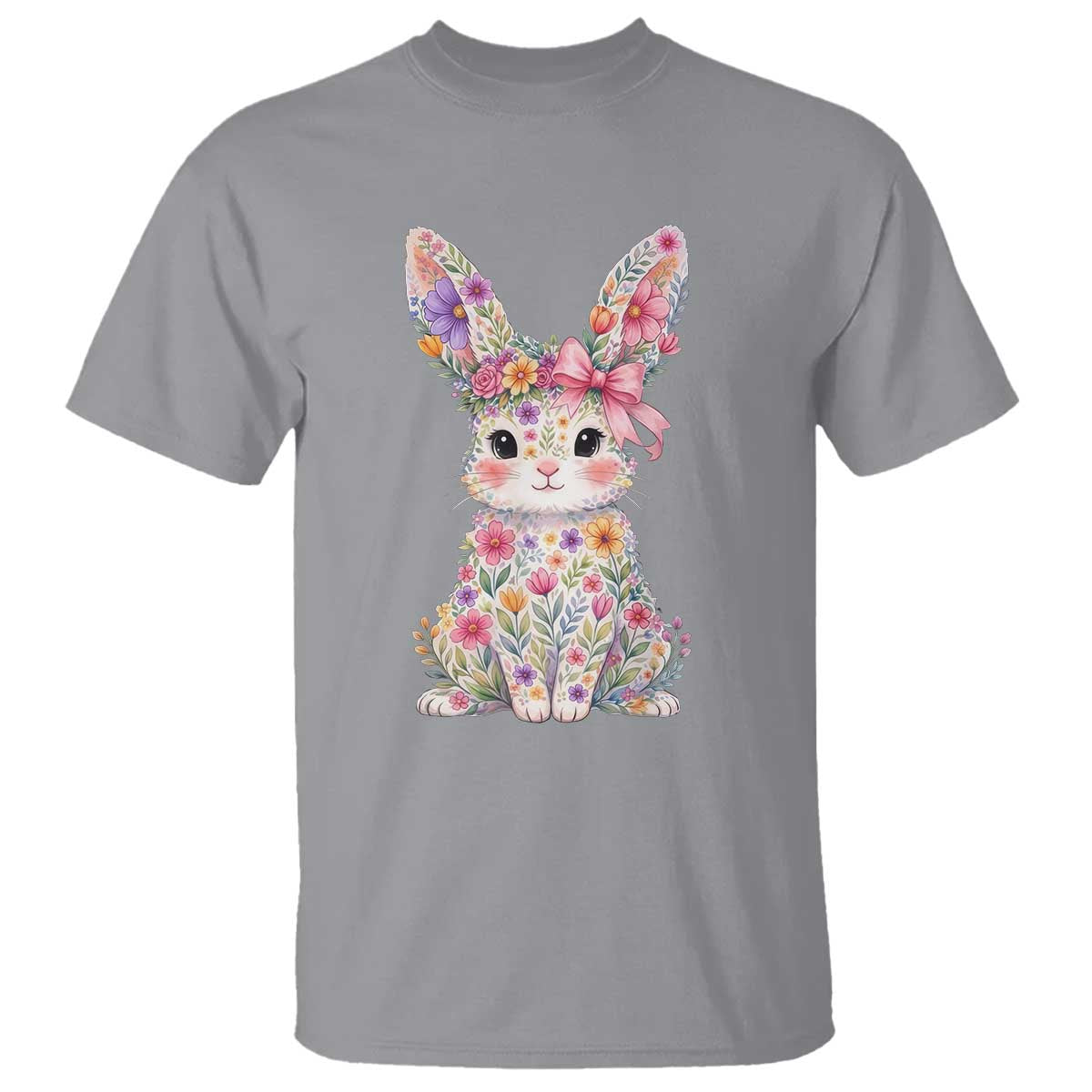 Cute Floral Easter Bunny Graphic T Shirt Adorable Spring Rabbit with Flowers Pastel Aesthetic Gift TS02 Sport Gray Print Your Wear