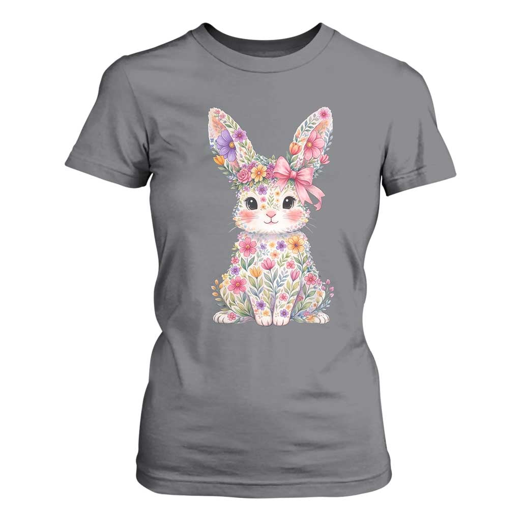 Cute Floral Easter Bunny Graphic T Shirt For Women Adorable Spring Rabbit with Flowers Pastel Aesthetic Gift TS02 Charcoal Print Your Wear