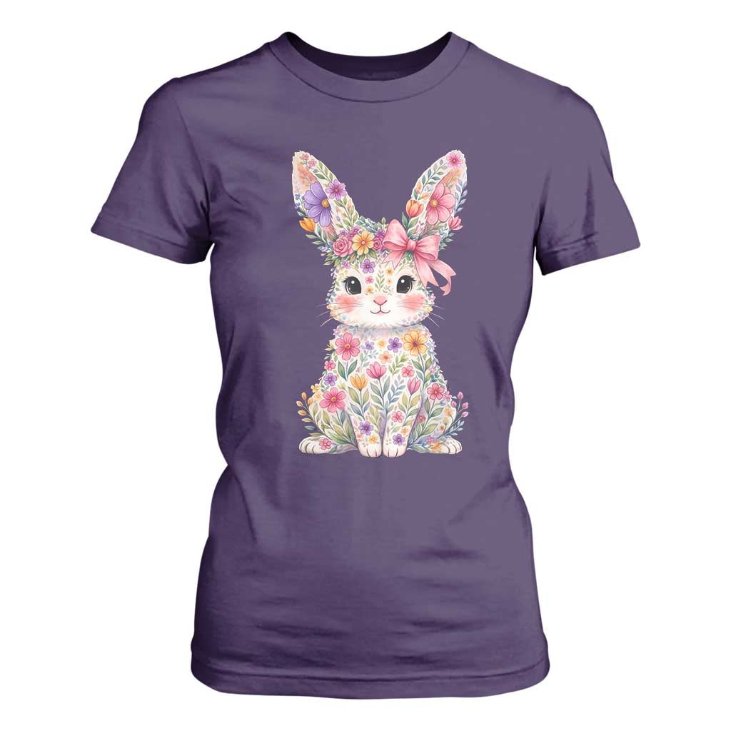 Cute Floral Easter Bunny Graphic T Shirt For Women Adorable Spring Rabbit with Flowers Pastel Aesthetic Gift TS02 Purple Print Your Wear