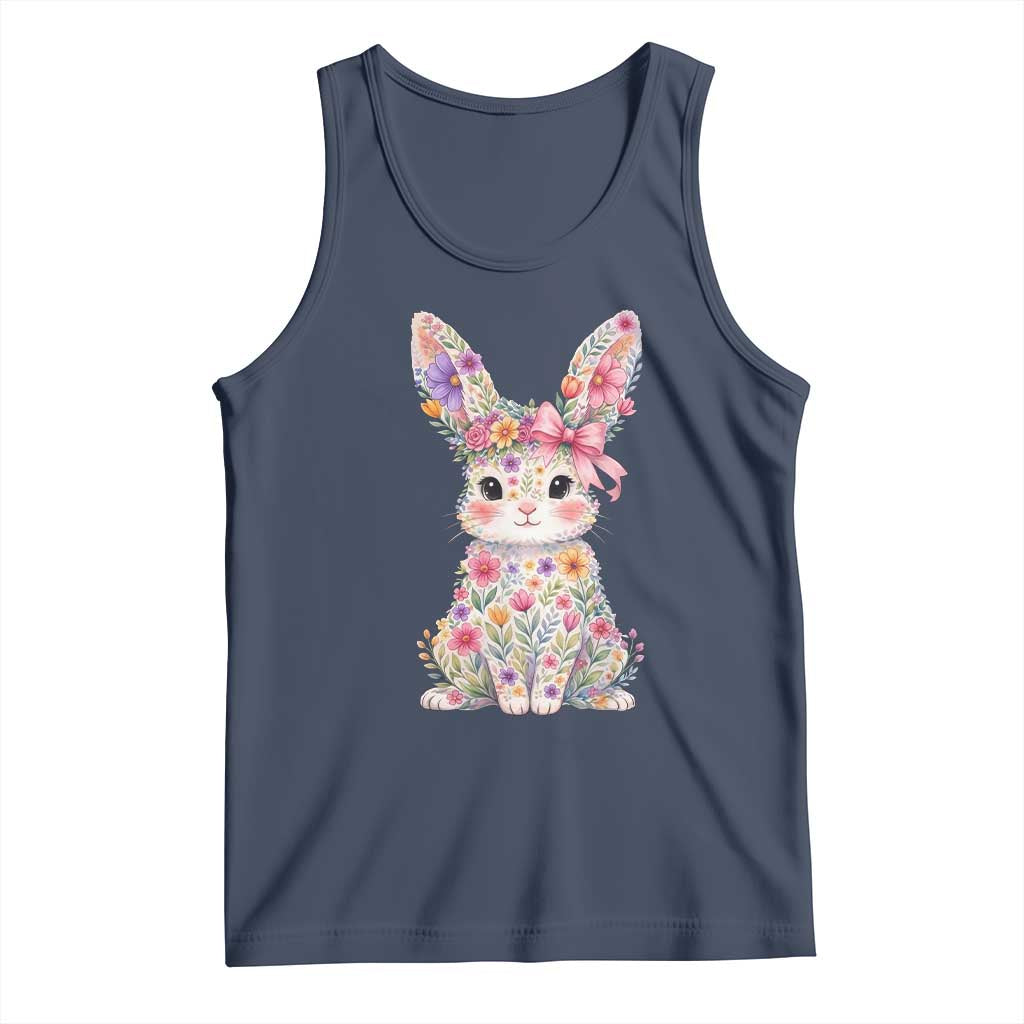 Cute Floral Easter Bunny Graphic Tank Top Adorable Spring Rabbit with Flowers Pastel Aesthetic Gift TS02 Navy Print Your Wear