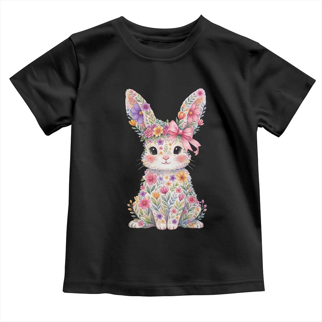 Cute Floral Easter Bunny Graphic Toddler T Shirt Adorable Spring Rabbit with Flowers Pastel Aesthetic Gift TS02 Black Print Your Wear