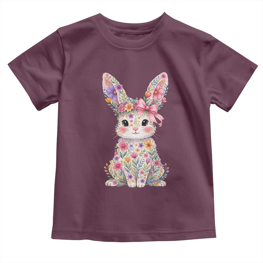 Cute Floral Easter Bunny Graphic Toddler T Shirt Adorable Spring Rabbit with Flowers Pastel Aesthetic Gift TS02 Maroon Print Your Wear