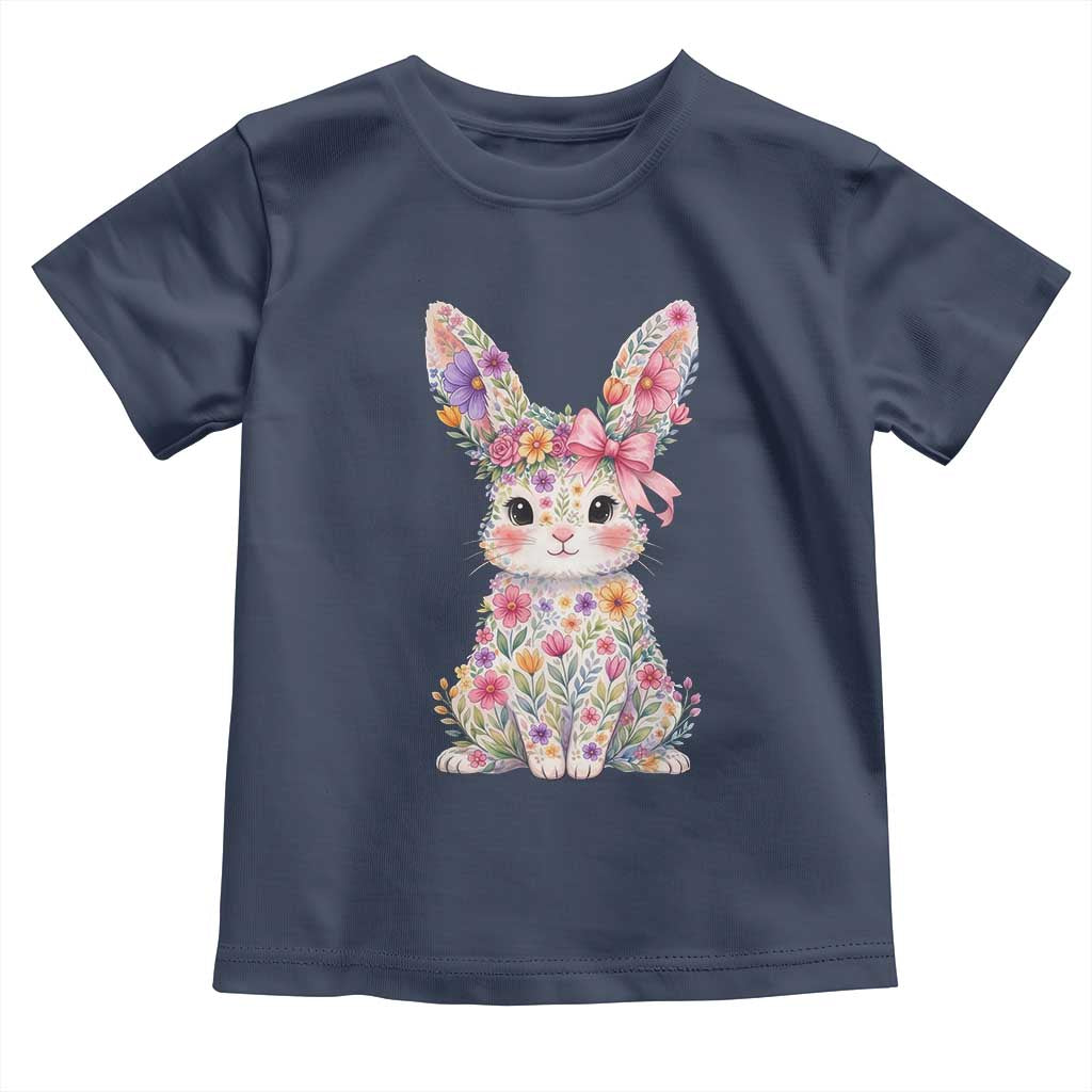 Cute Floral Easter Bunny Graphic Toddler T Shirt Adorable Spring Rabbit with Flowers Pastel Aesthetic Gift TS02 Navy Print Your Wear