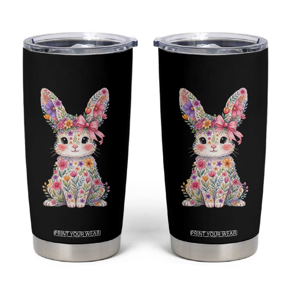 Cute Floral Easter Bunny Graphic Tumbler Cup Adorable Spring Rabbit with Flowers Pastel Aesthetic Gift TS02 Black Print Your Wear