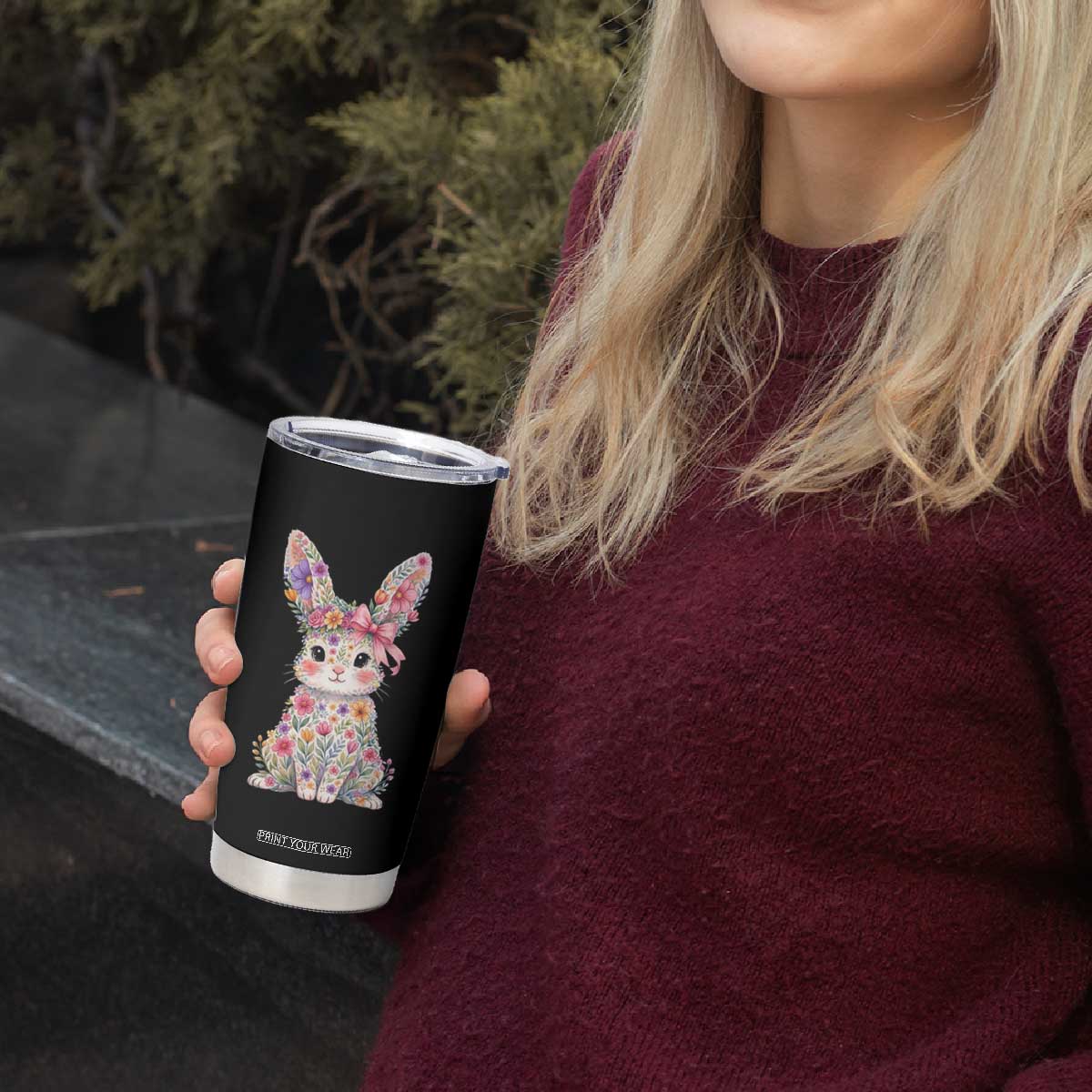 Cute Floral Easter Bunny Graphic Tumbler Cup Adorable Spring Rabbit with Flowers Pastel Aesthetic Gift TS02 Print Your Wear