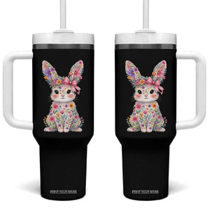 Cute Floral Easter Bunny Graphic Tumbler With Handle Adorable Spring Rabbit with Flowers Pastel Aesthetic Gift TS02 One Size: 40 oz Black Print Your Wear
