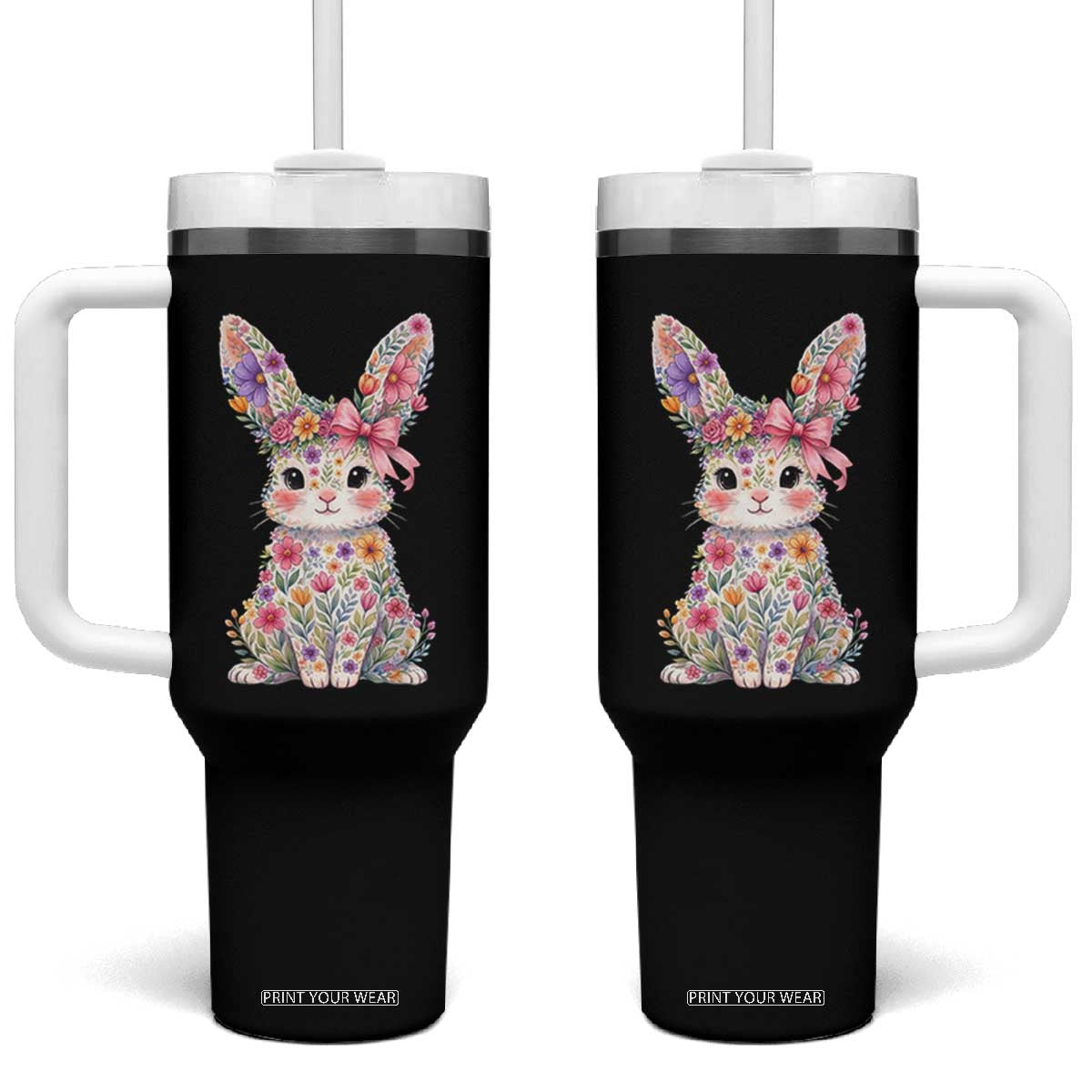 Cute Floral Easter Bunny Graphic Tumbler With Handle Adorable Spring Rabbit with Flowers Pastel Aesthetic Gift TS02 One Size: 40 oz Black Print Your Wear